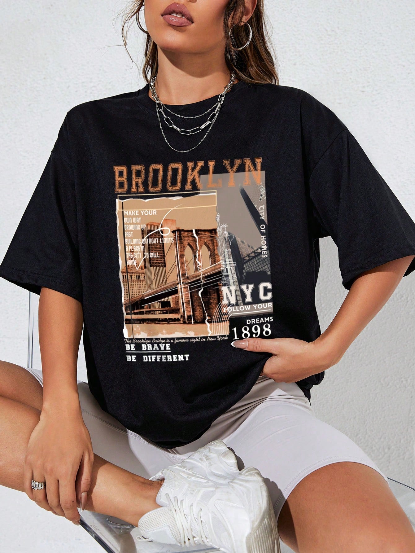 INAWLY Street View and Slogan Graphic Drop Shoulder Tee MAKE YOUR OWN WAY GROWING up FAST BUILDING without LIMITS a PLACE in the CITY to CALL HOME CITY of HOMES NYC FOLLOW YOUR DREAMS 1898 the Brooklyn Bridge Is a Famous Sight in New York BE BRAVE BE DIFFERENT Graphic Tees Women Tops