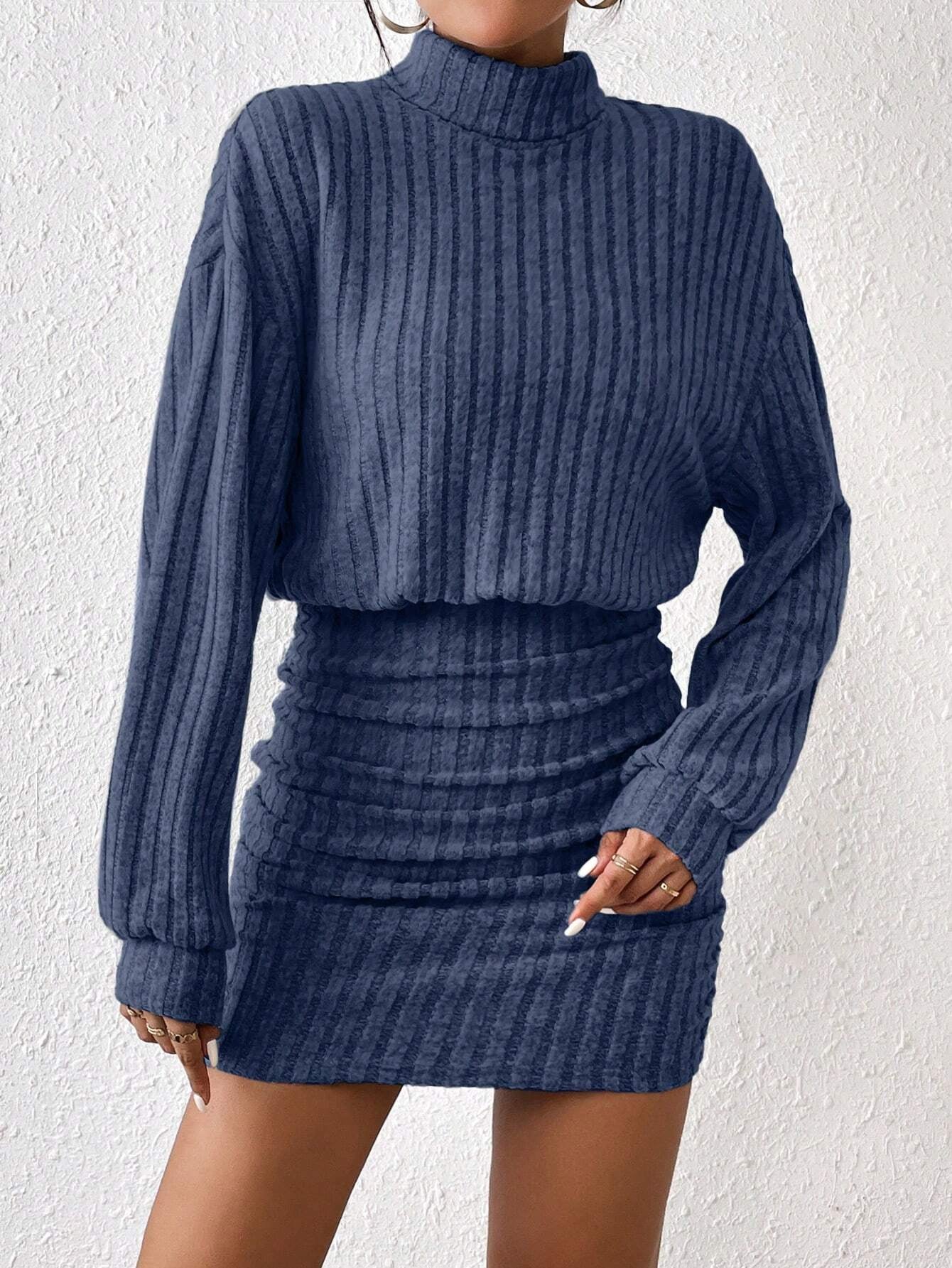 Frenchy Women'S Turtleneck Drop Shoulder, Ribbed Knit Sweater Textured Fabric Dress