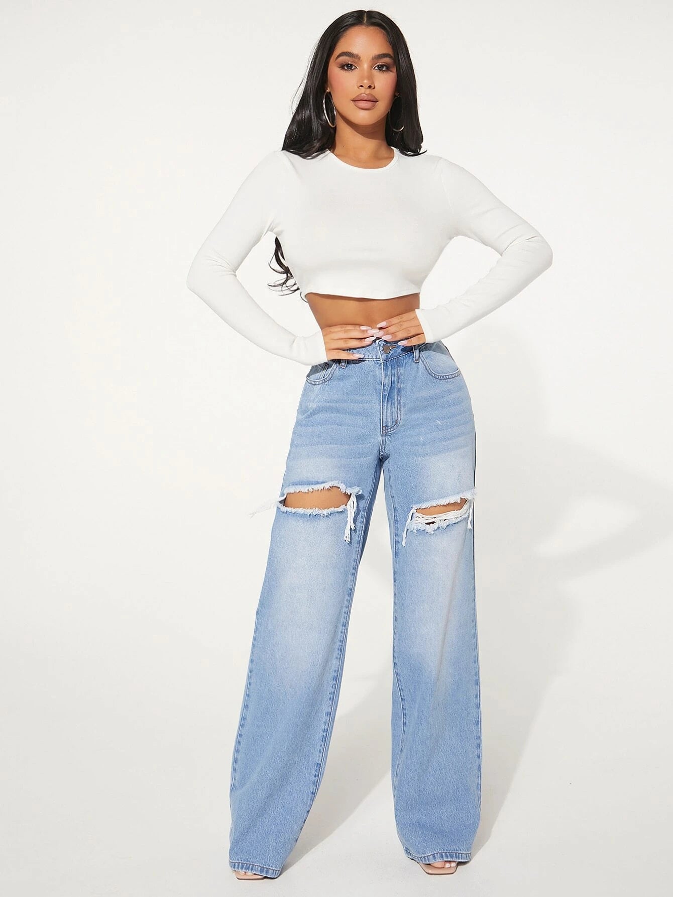 SXY Single Button Cut Out Ripped Frayed Wide Leg Jeans