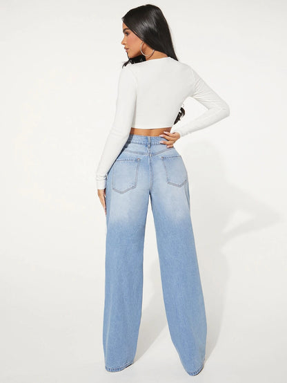 SXY Single Button Cut Out Ripped Frayed Wide Leg Jeans