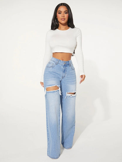 SXY Single Button Cut Out Ripped Frayed Wide Leg Jeans