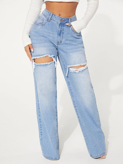 SXY Single Button Cut Out Ripped Frayed Wide Leg Jeans