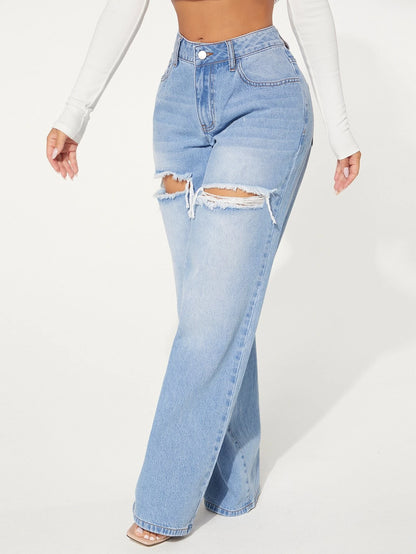 SXY Single Button Cut Out Ripped Frayed Wide Leg Jeans