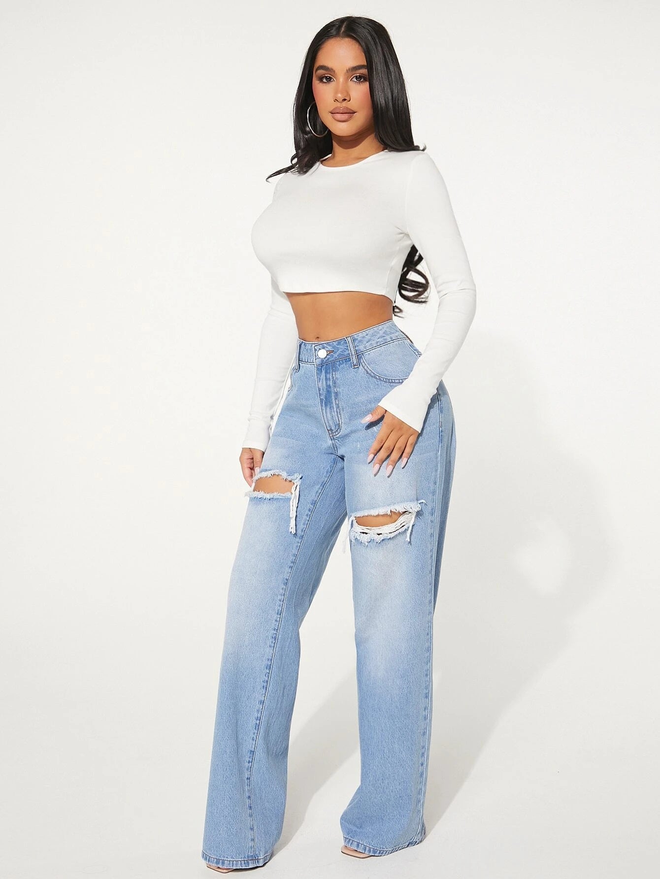 SXY Single Button Cut Out Ripped Frayed Wide Leg Jeans