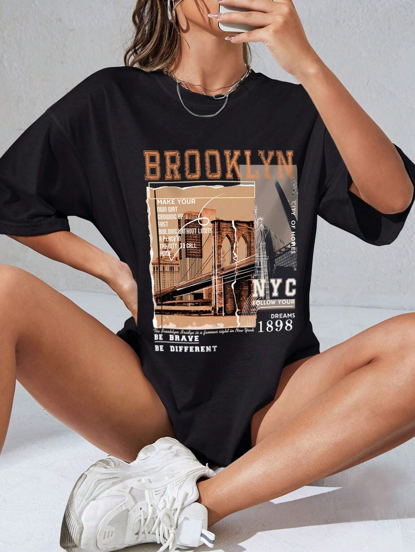 INAWLY Street View and Slogan Graphic Drop Shoulder Tee MAKE YOUR OWN WAY GROWING up FAST BUILDING without LIMITS a PLACE in the CITY to CALL HOME CITY of HOMES NYC FOLLOW YOUR DREAMS 1898 the Brooklyn Bridge Is a Famous Sight in New York BE BRAVE BE DIFFERENT Graphic Tees Women Tops