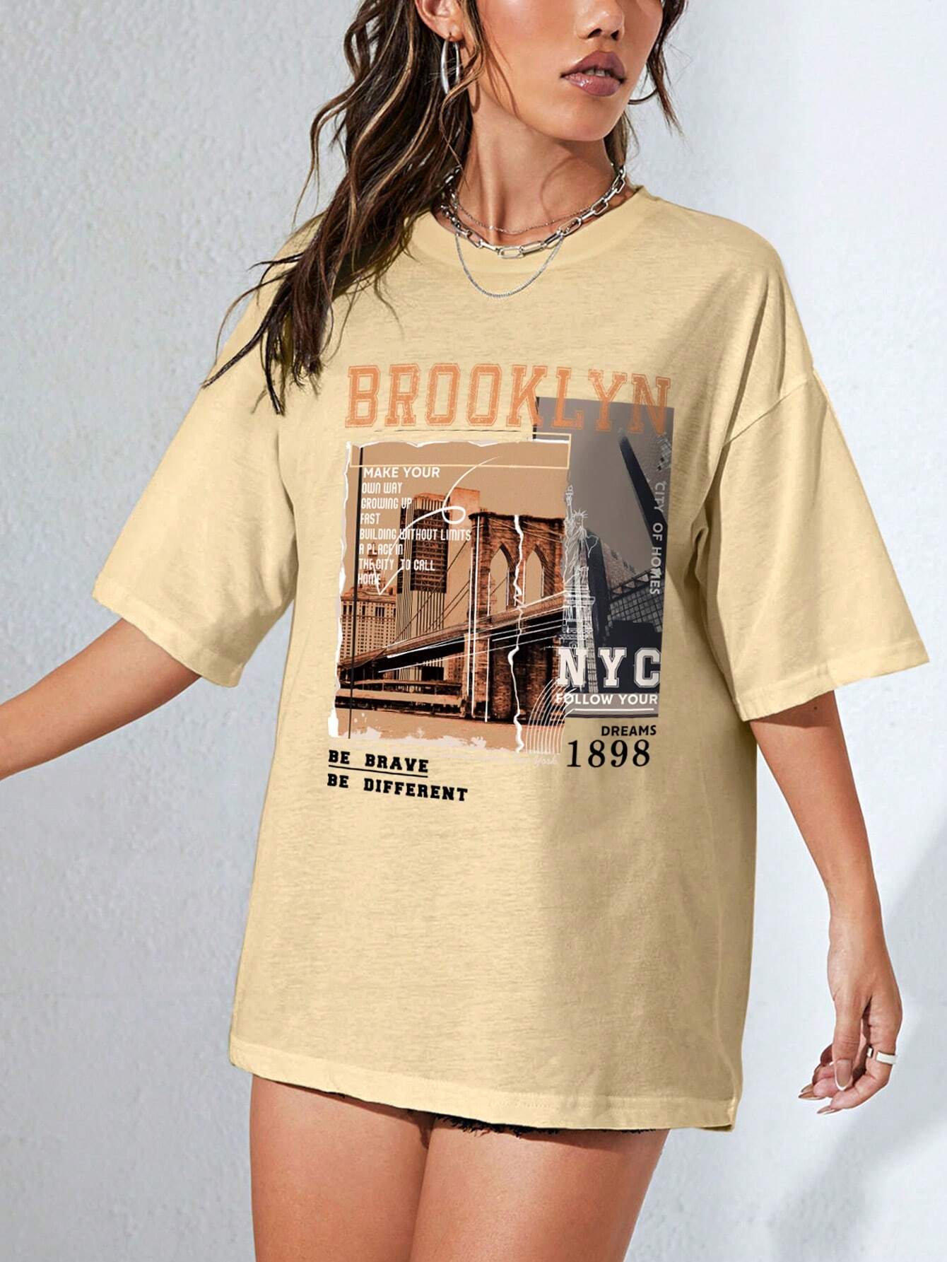 INAWLY Street View and Slogan Graphic Drop Shoulder Tee MAKE YOUR OWN WAY GROWING up FAST BUILDING without LIMITS a PLACE in the CITY to CALL HOME CITY of HOMES NYC FOLLOW YOUR DREAMS 1898 the Brooklyn Bridge Is a Famous Sight in New York BE BRAVE BE DIFFERENT Graphic Tees Women Tops