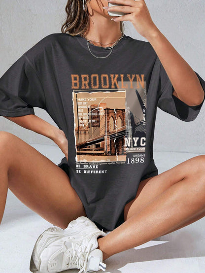 INAWLY Street View and Slogan Graphic Drop Shoulder Tee MAKE YOUR OWN WAY GROWING up FAST BUILDING without LIMITS a PLACE in the CITY to CALL HOME CITY of HOMES NYC FOLLOW YOUR DREAMS 1898 the Brooklyn Bridge Is a Famous Sight in New York BE BRAVE BE DIFFERENT Graphic Tees Women Tops