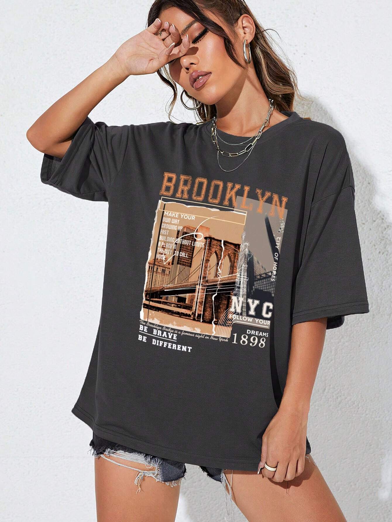 INAWLY Street View and Slogan Graphic Drop Shoulder Tee MAKE YOUR OWN WAY GROWING up FAST BUILDING without LIMITS a PLACE in the CITY to CALL HOME CITY of HOMES NYC FOLLOW YOUR DREAMS 1898 the Brooklyn Bridge Is a Famous Sight in New York BE BRAVE BE DIFFERENT Graphic Tees Women Tops