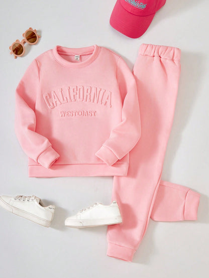 Tween Girl Letter Embossed Thermal Lined Sweatshirt & Sweatpants