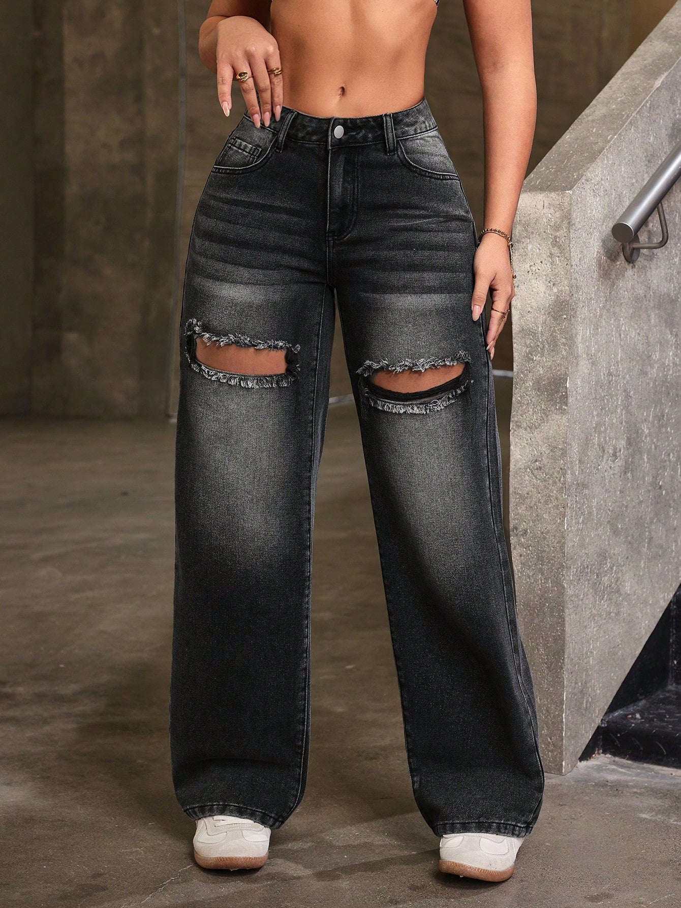 SXY Single Button Cut Out Ripped Frayed Wide Leg Jeans