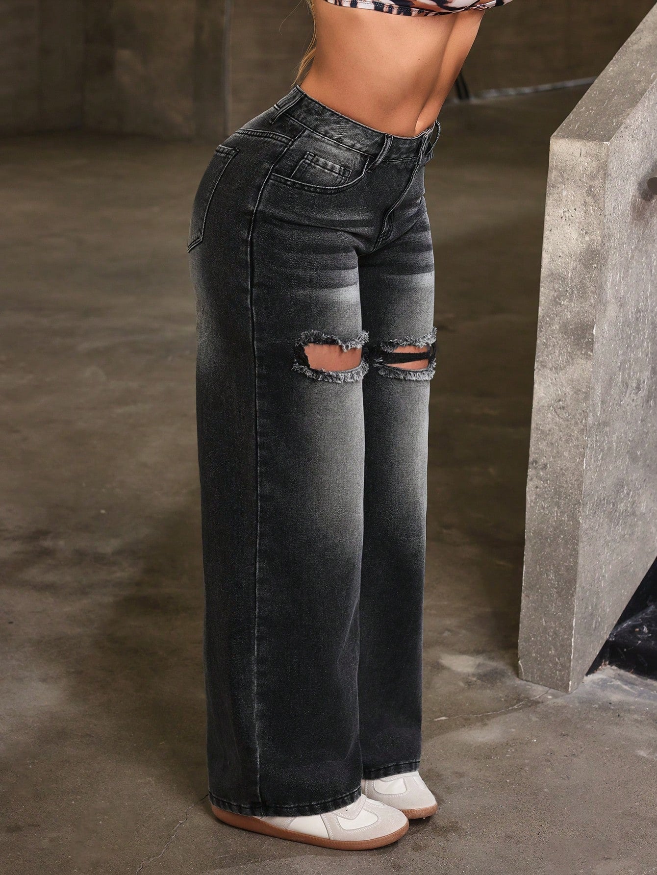 SXY Single Button Cut Out Ripped Frayed Wide Leg Jeans