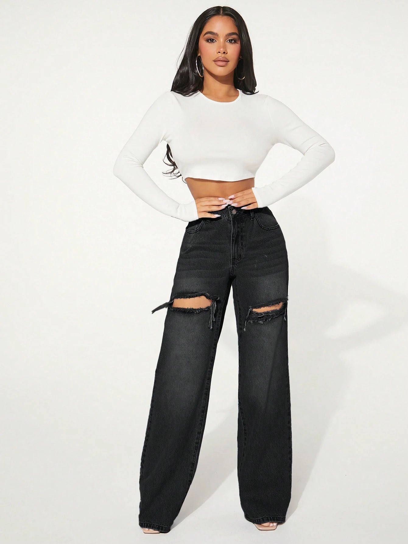 SXY Single Button Cut Out Ripped Frayed Wide Leg Jeans