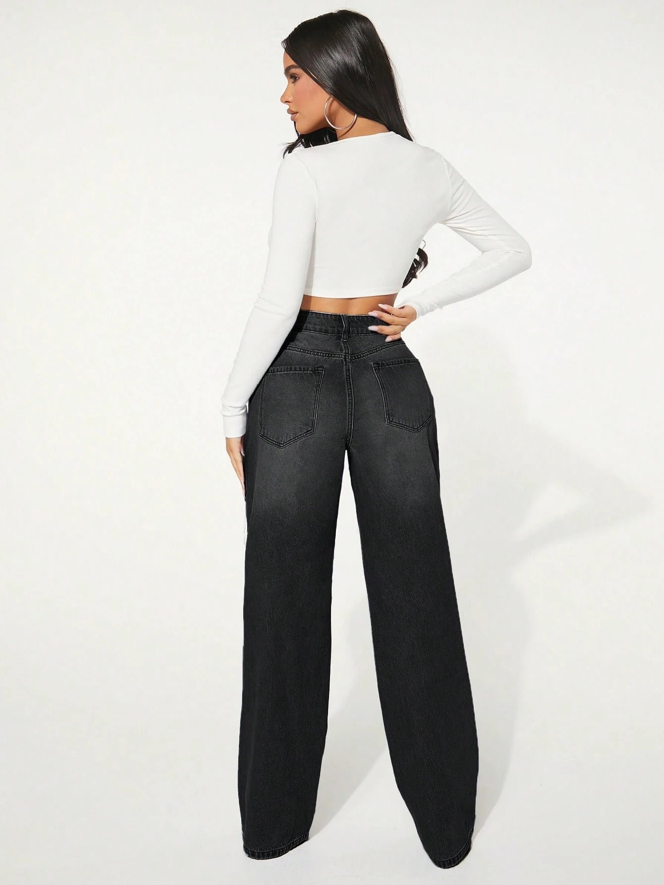 SXY Single Button Cut Out Ripped Frayed Wide Leg Jeans