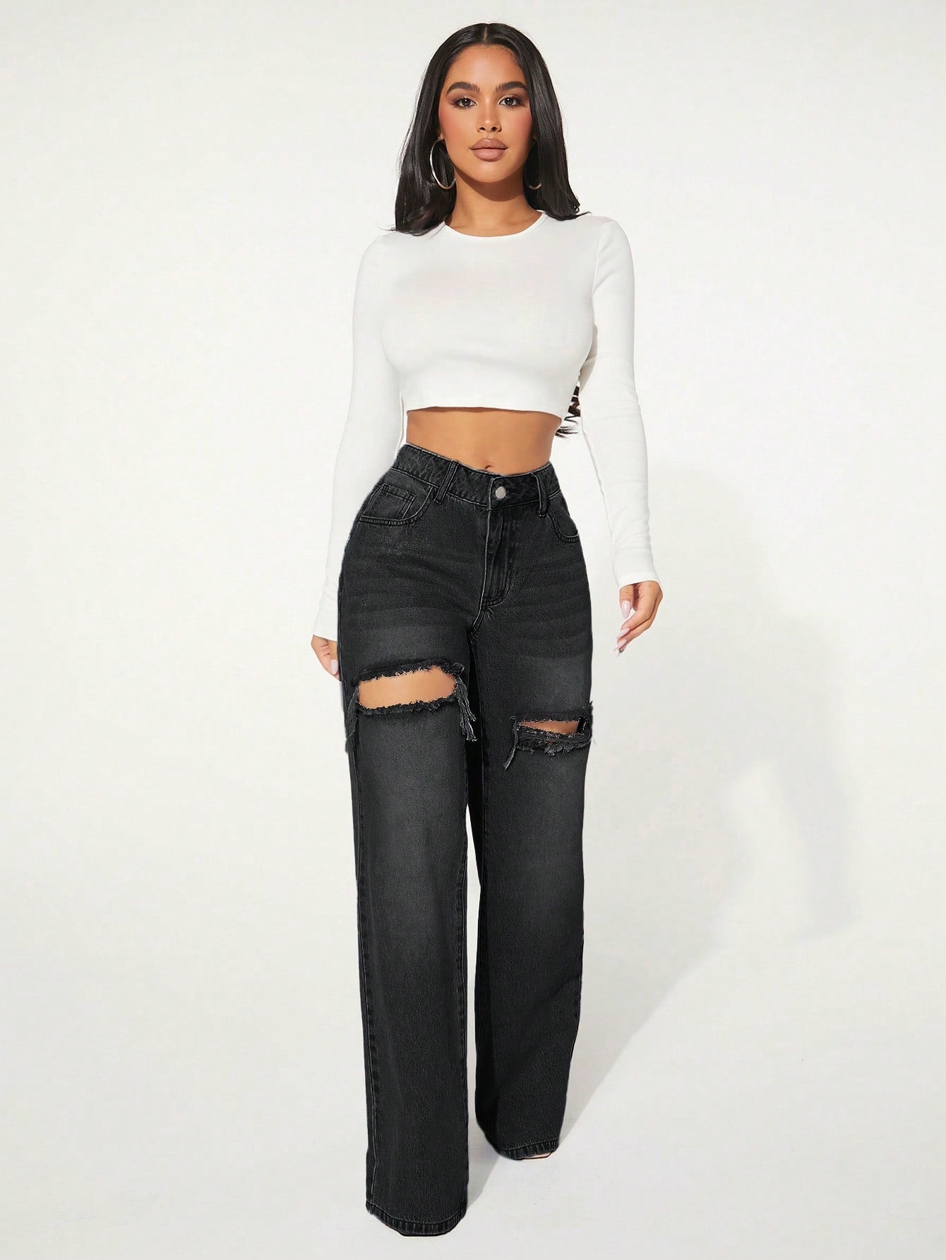 SXY Single Button Cut Out Ripped Frayed Wide Leg Jeans