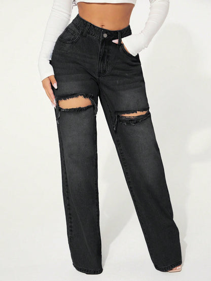 SXY Single Button Cut Out Ripped Frayed Wide Leg Jeans