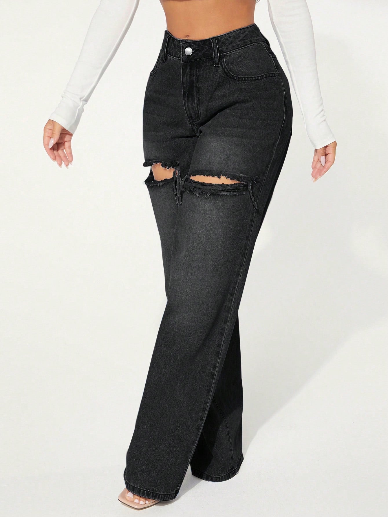 SXY Single Button Cut Out Ripped Frayed Wide Leg Jeans