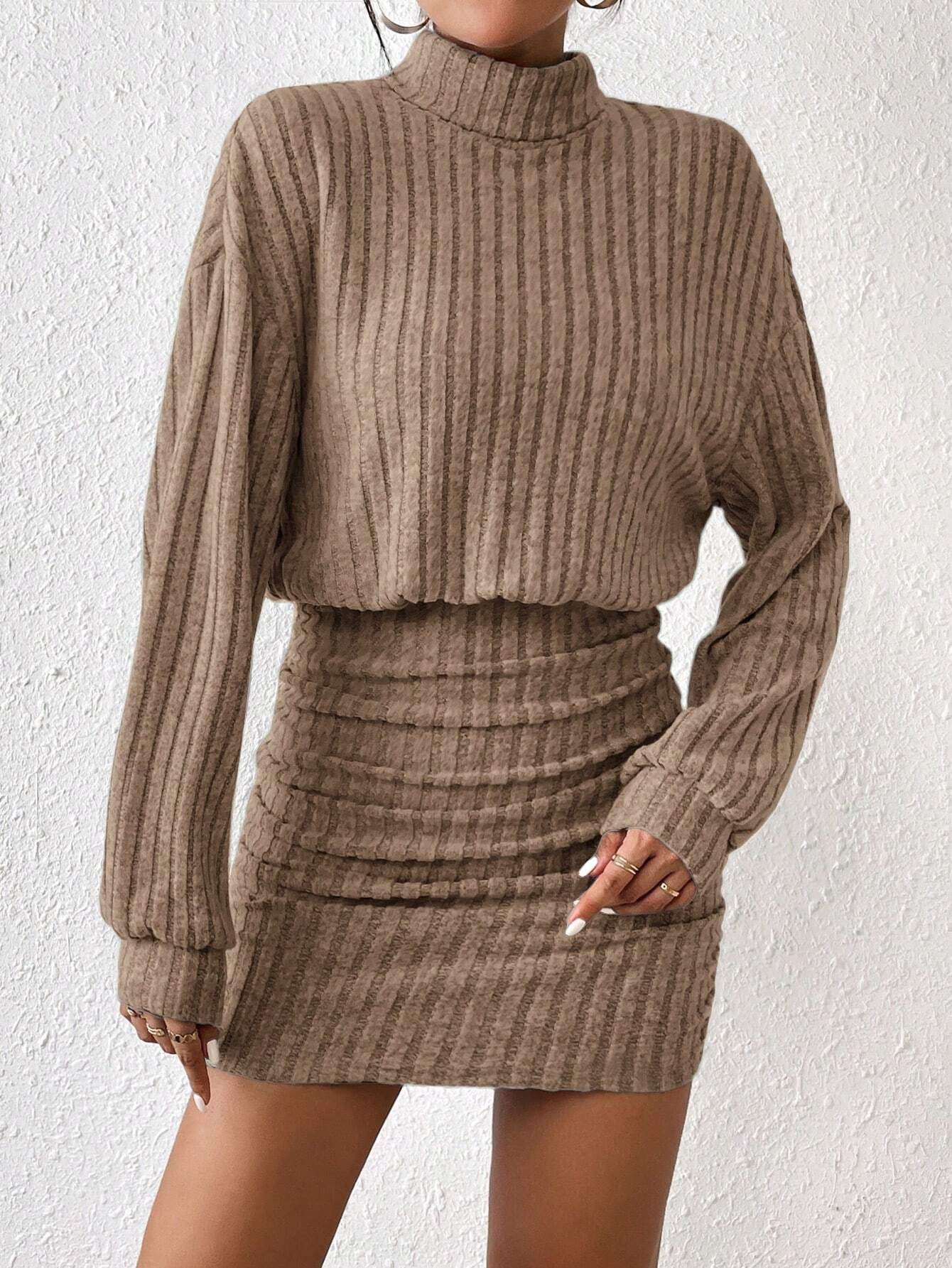 Frenchy Women'S Turtleneck Drop Shoulder, Ribbed Knit Sweater Textured Fabric Dress