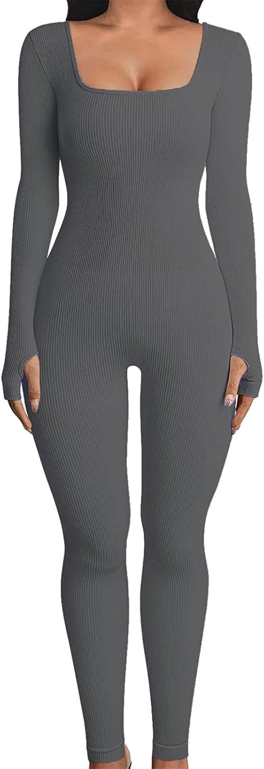 Yoga Jumpsuits for Women Square Neck Long Sleeve with Thumb Hole Tummy Control Rib Knit Athletic Long Romper Plain Workout