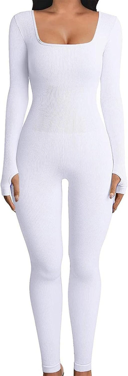 Yoga Jumpsuits for Women Square Neck Long Sleeve with Thumb Hole Tummy Control Rib Knit Athletic Long Romper Plain Workout