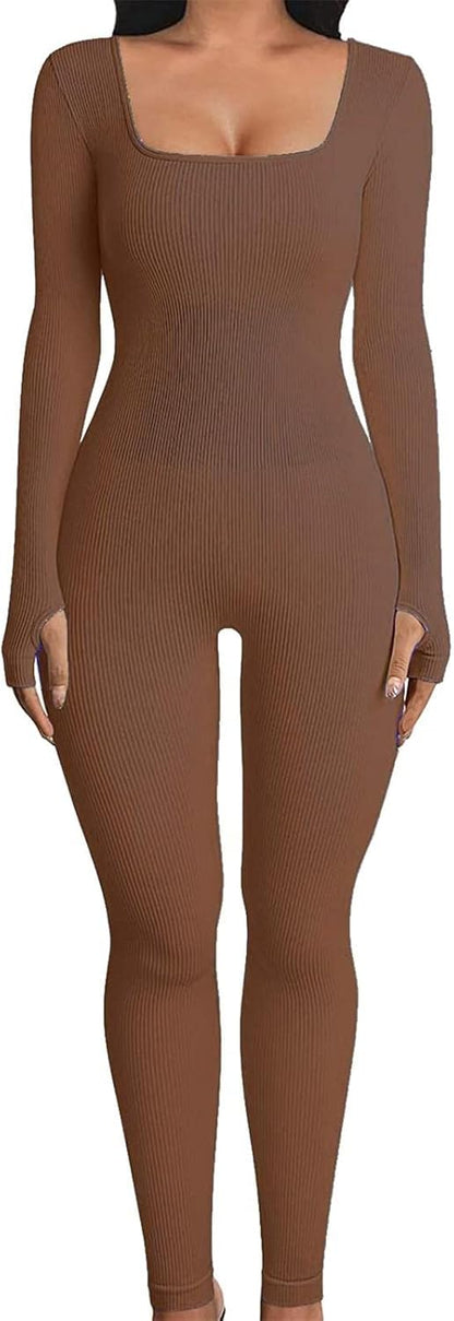 Yoga Jumpsuits for Women Square Neck Long Sleeve with Thumb Hole Tummy Control Rib Knit Athletic Long Romper Plain Workout