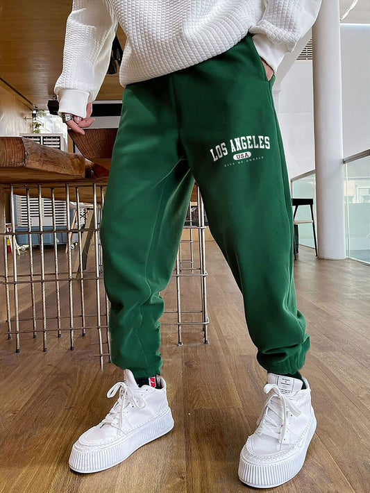 Manfinity Sporsity Men'S Loose Fit Los Angeles Letter Printed Sweatpants with Drawstring Waist, Going Out Long Casual Preppy Sweatpants, for Husband, Boyfriend Gifts