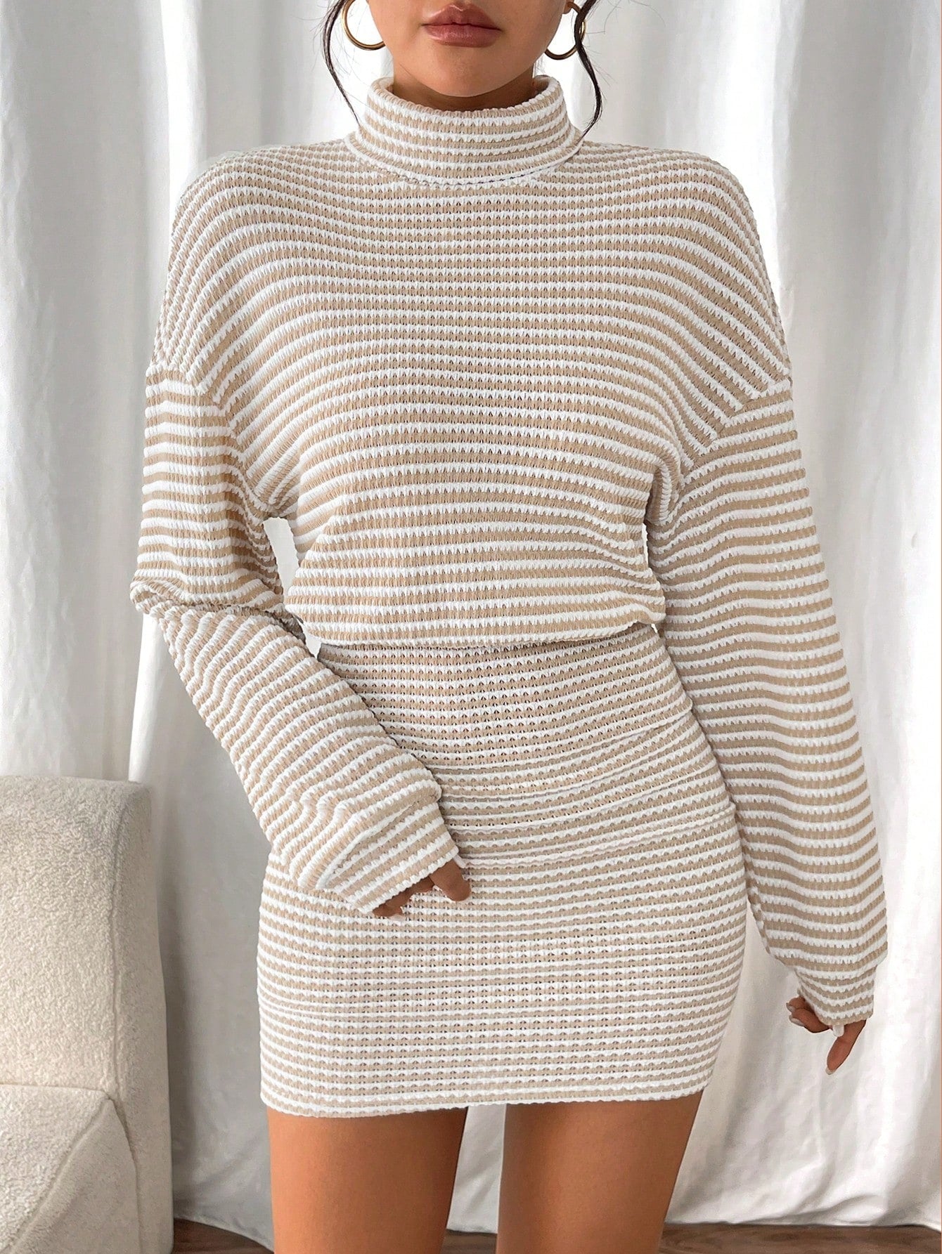 Frenchy Women'S Turtleneck Drop Shoulder, Ribbed Knit Sweater Textured Fabric Dress