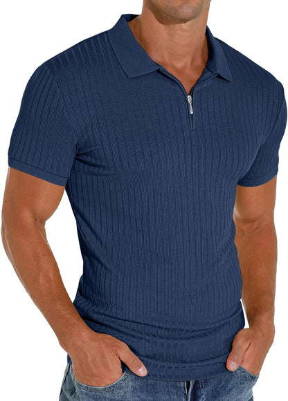 Men's Polo Shirts Slim Fit Short/Long Sleeve Zipper Polo T Shirt Casual Golf Shirt Classic Tee