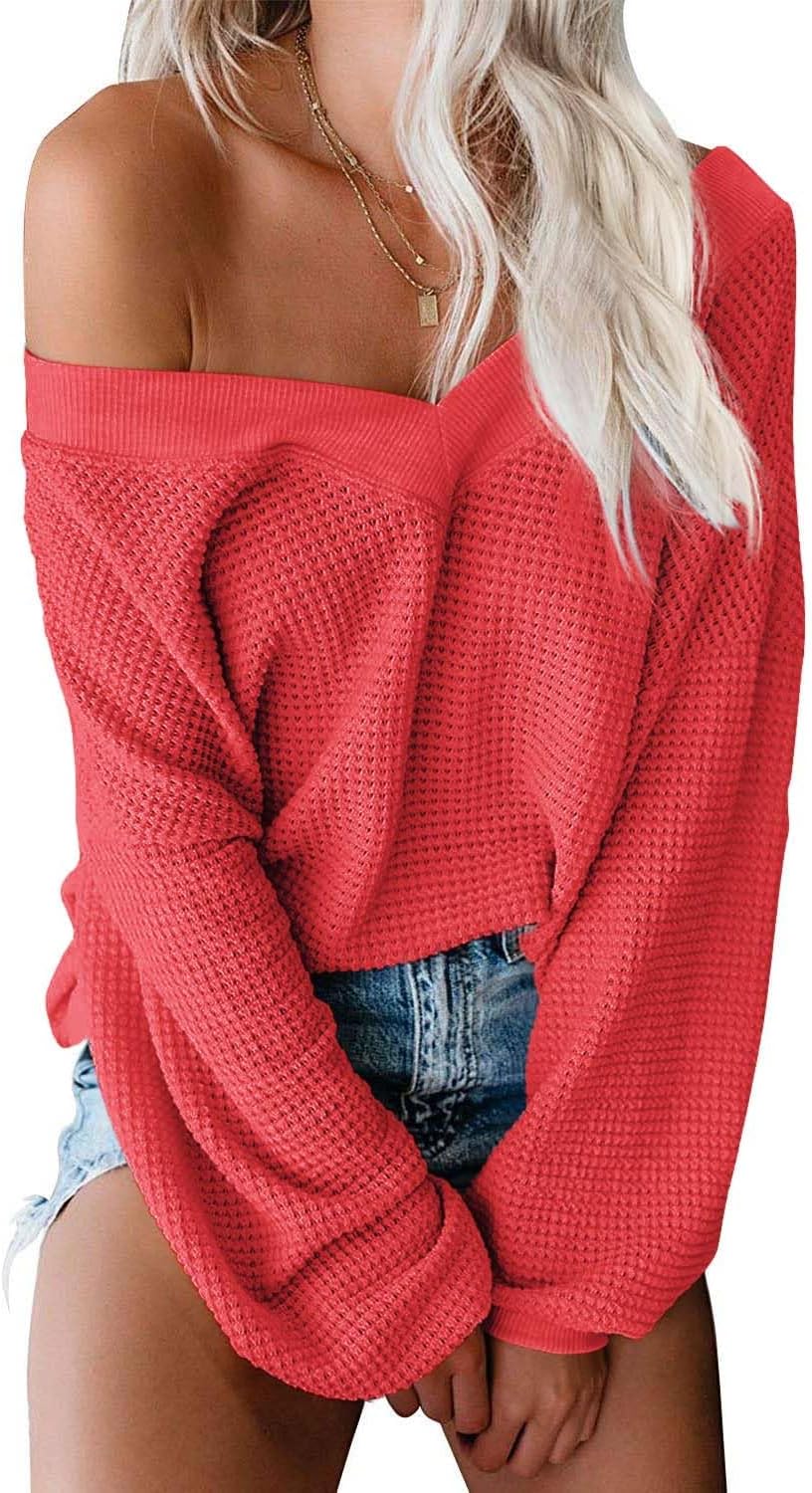 Womens Oversized off the Shoulder Tops Long Sleeve Waffle Knit Shirt Drop Shoulder Sweater Top