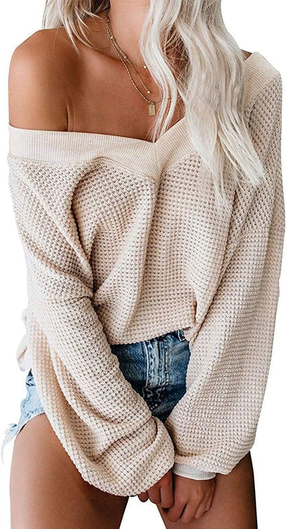 Womens Oversized off the Shoulder Tops Long Sleeve Waffle Knit Shirt Drop Shoulder Sweater Top