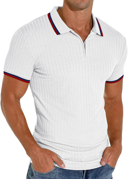 Men's Polo Shirts Slim Fit Short/Long Sleeve Zipper Polo T Shirt Casual Golf Shirt Classic Tee