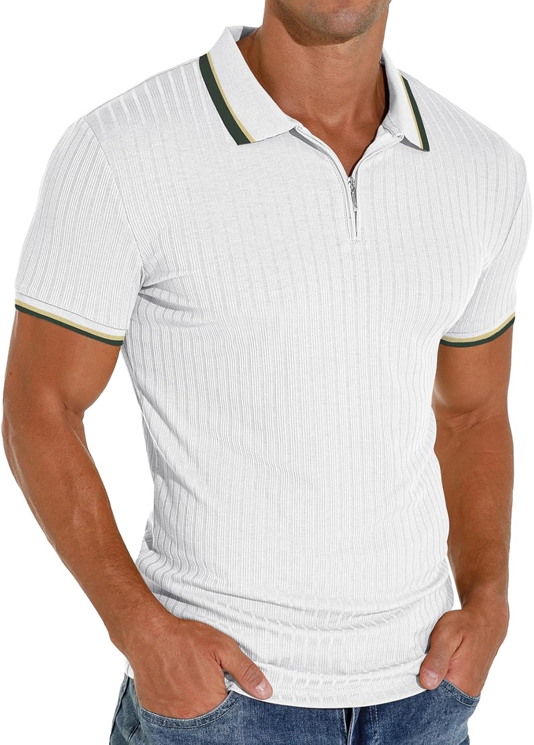 Men's Polo Shirts Slim Fit Short/Long Sleeve Zipper Polo T Shirt Casual Golf Shirt Classic Tee