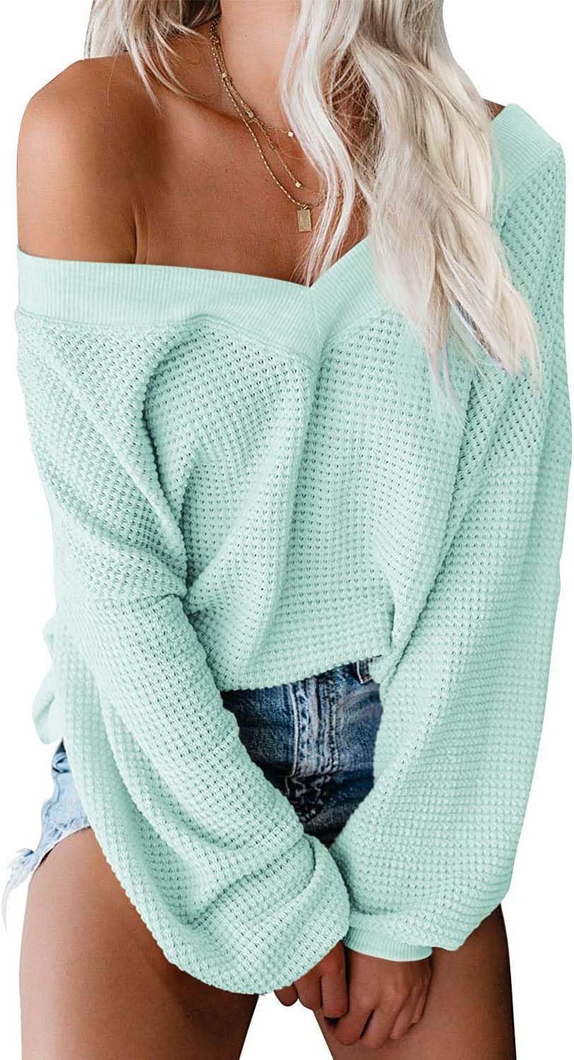 Womens Oversized off the Shoulder Tops Long Sleeve Waffle Knit Shirt Drop Shoulder Sweater Top