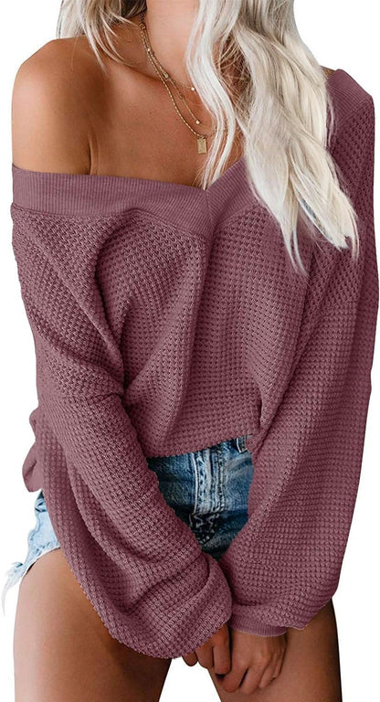 Womens Oversized off the Shoulder Tops Long Sleeve Waffle Knit Shirt Drop Shoulder Sweater Top