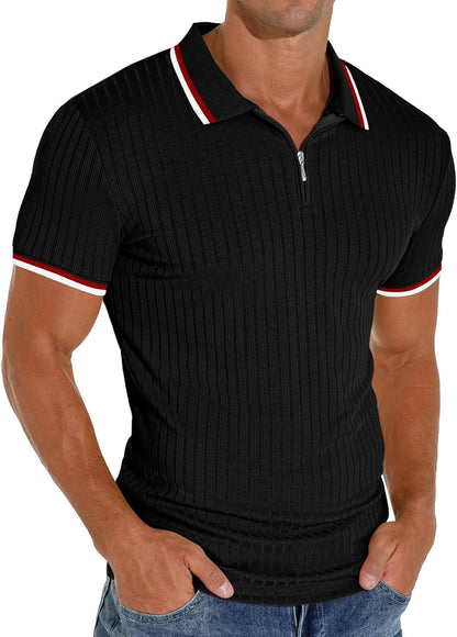 Men's Polo Shirts Slim Fit Short/Long Sleeve Zipper Polo T Shirt Casual Golf Shirt Classic Tee