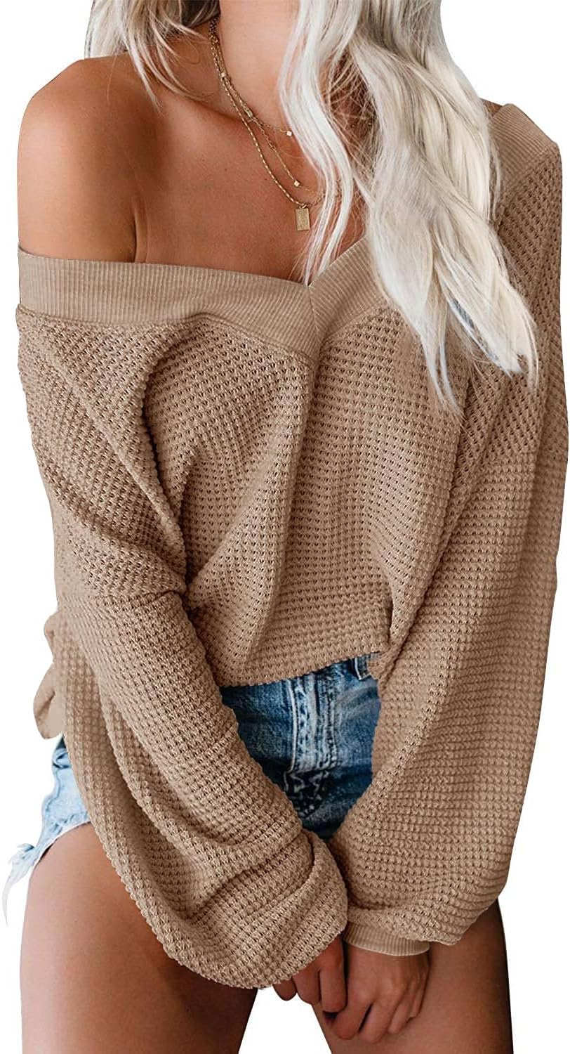 Womens Oversized off the Shoulder Tops Long Sleeve Waffle Knit Shirt Drop Shoulder Sweater Top