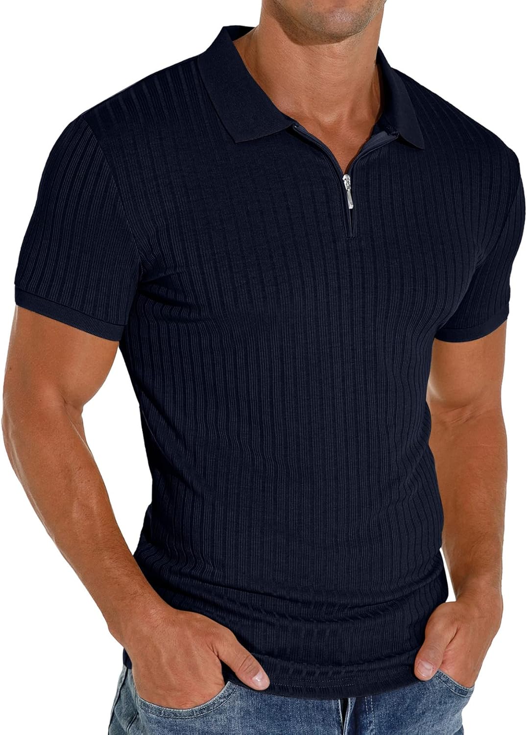 Men's Polo Shirts Slim Fit Short/Long Sleeve Zipper Polo T Shirt Casual Golf Shirt Classic Tee