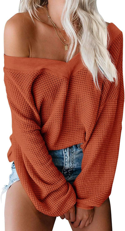 Womens Oversized off the Shoulder Tops Long Sleeve Waffle Knit Shirt Drop Shoulder Sweater Top