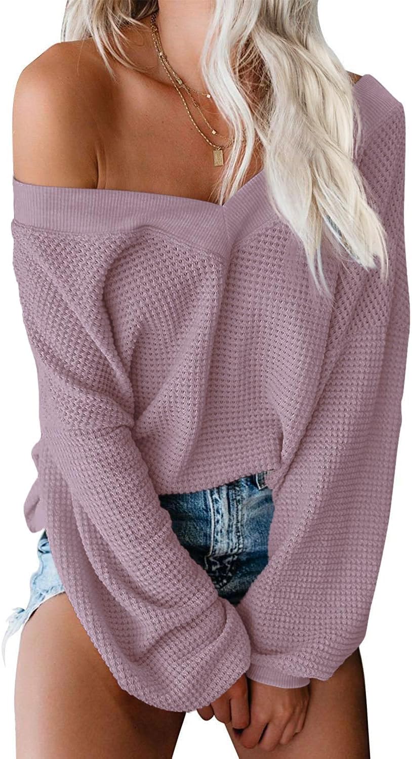 Womens Oversized off the Shoulder Tops Long Sleeve Waffle Knit Shirt Drop Shoulder Sweater Top