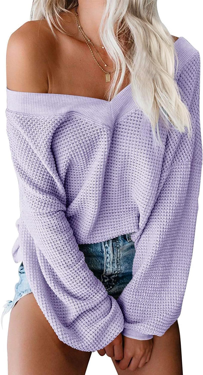 Womens Oversized off the Shoulder Tops Long Sleeve Waffle Knit Shirt Drop Shoulder Sweater Top