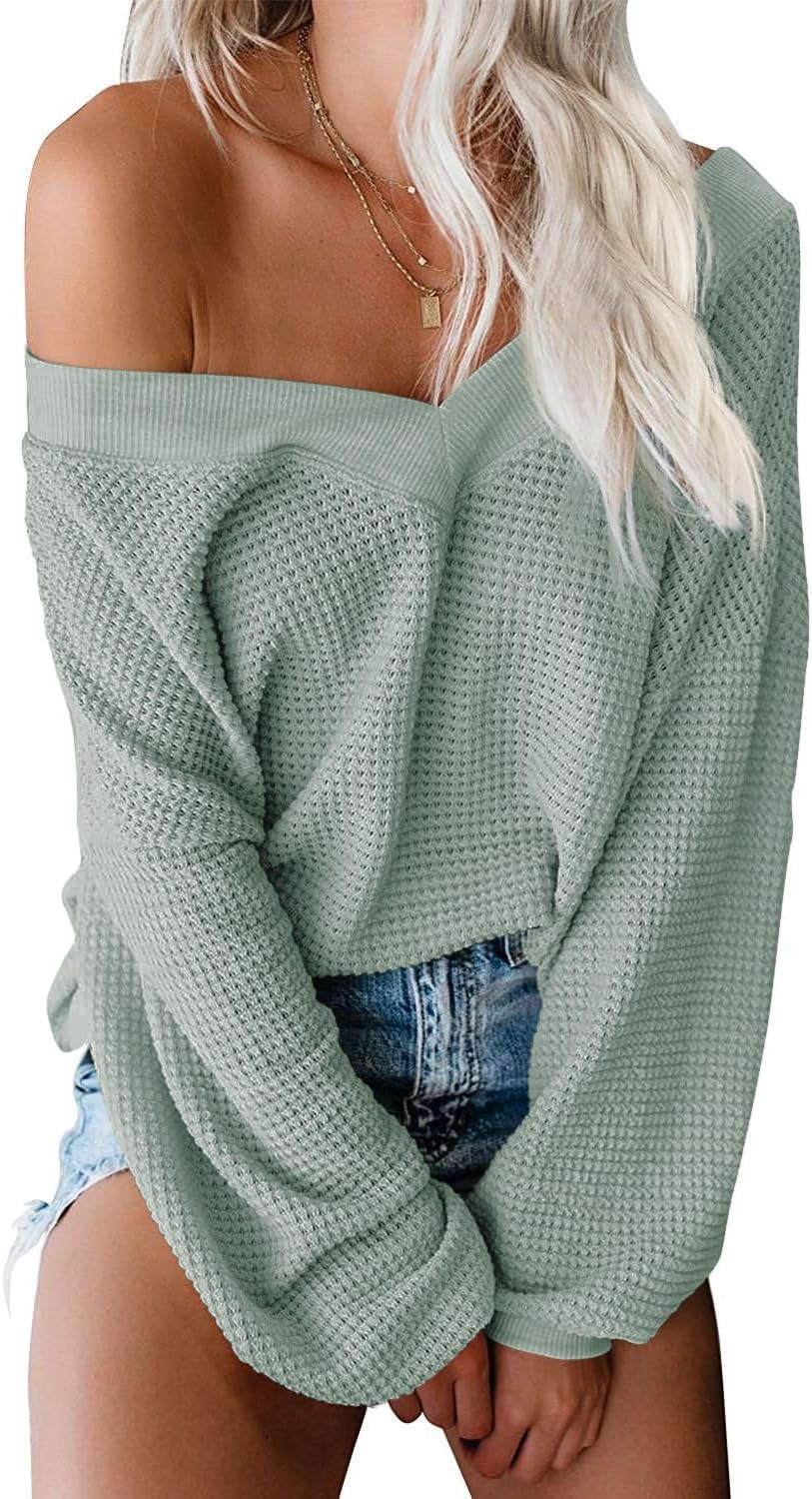 Womens Oversized off the Shoulder Tops Long Sleeve Waffle Knit Shirt Drop Shoulder Sweater Top