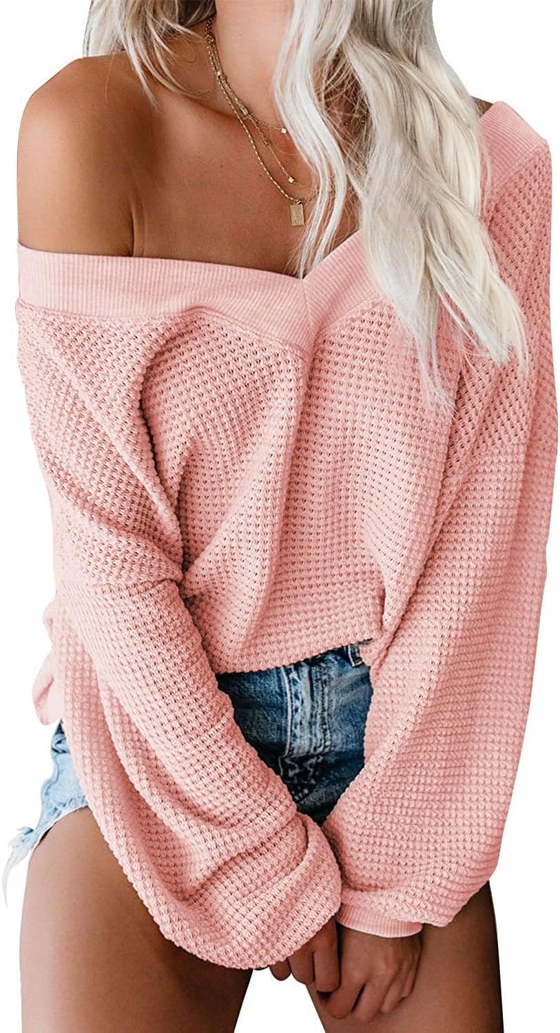 Womens Oversized off the Shoulder Tops Long Sleeve Waffle Knit Shirt Drop Shoulder Sweater Top