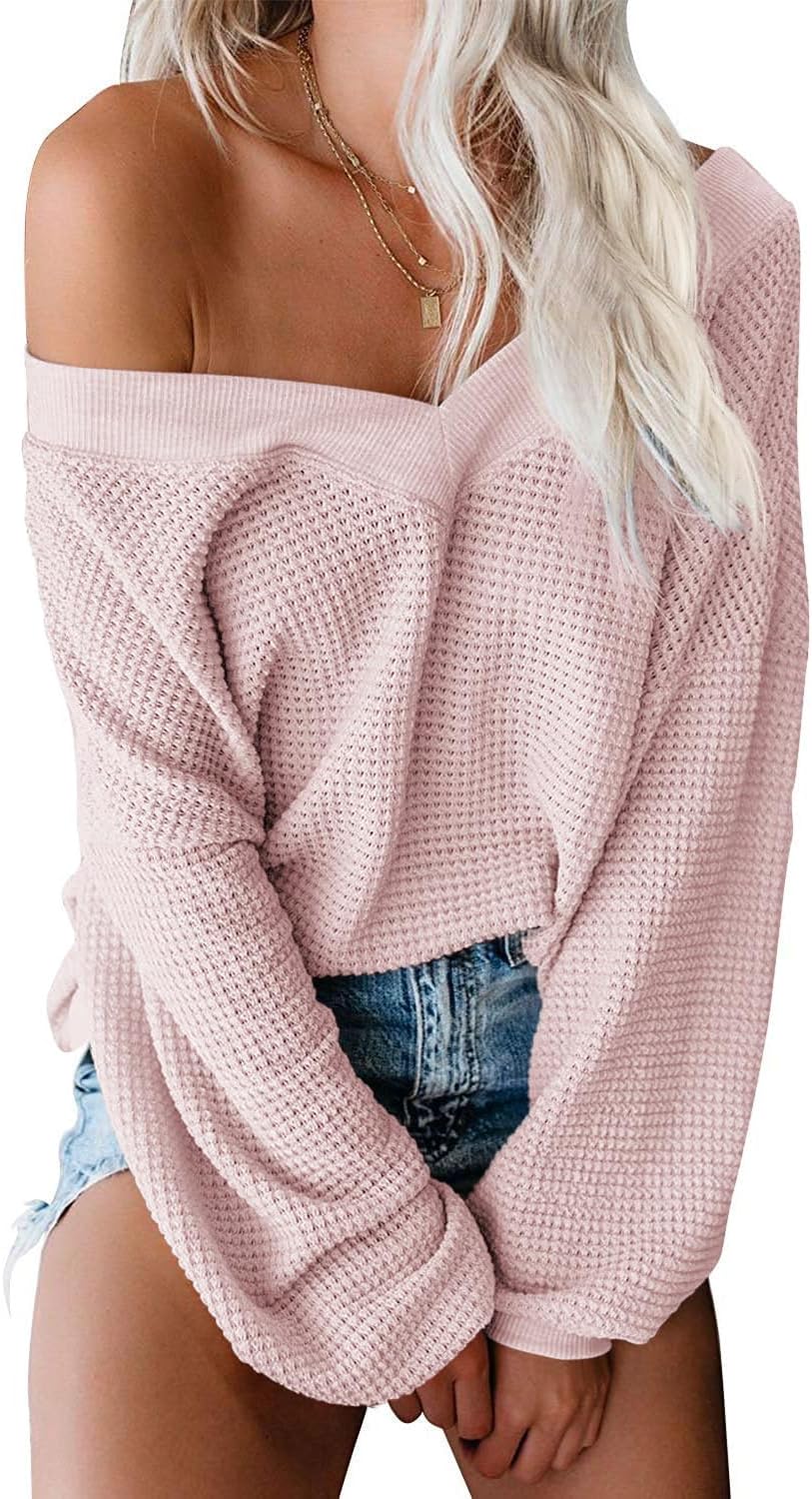 Womens Oversized off the Shoulder Tops Long Sleeve Waffle Knit Shirt Drop Shoulder Sweater Top