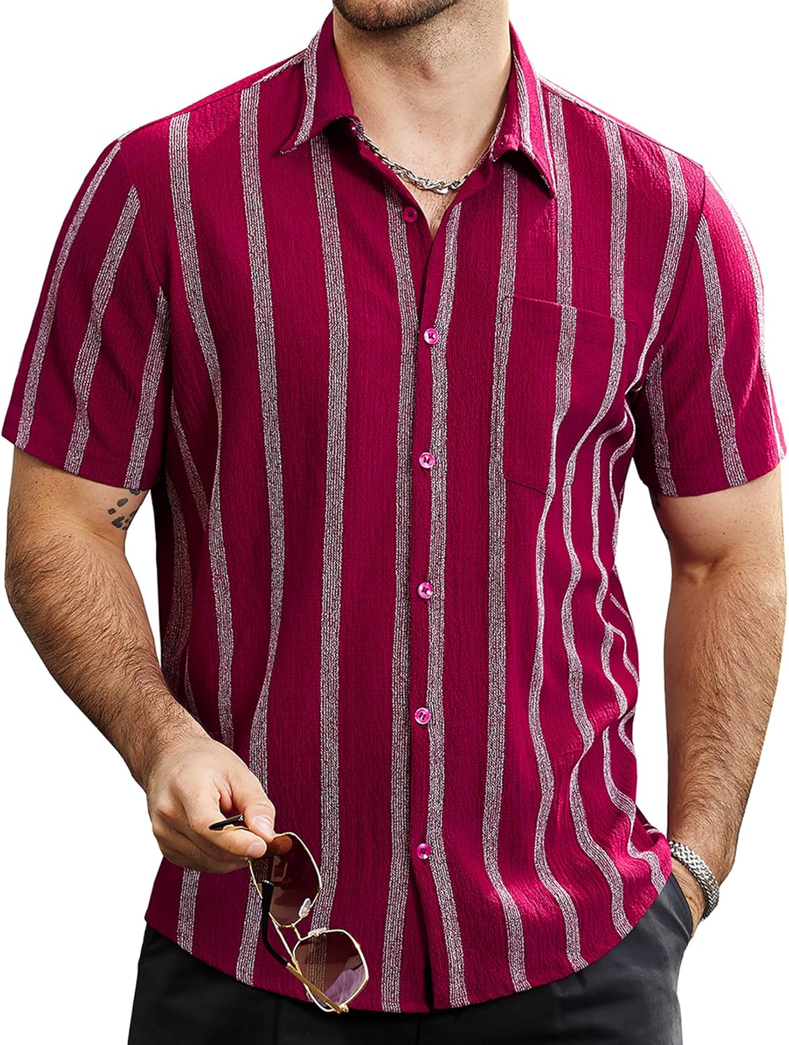 Mens Summer Striped Shirts Button down Short Sleeve Vintage Beach Hawaiian Shirts with Pocket