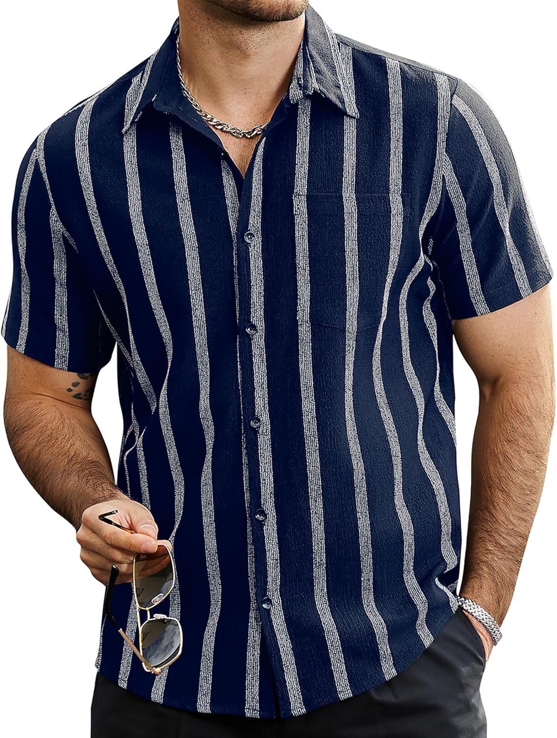 Mens Summer Striped Shirts Button down Short Sleeve Vintage Beach Hawaiian Shirts with Pocket