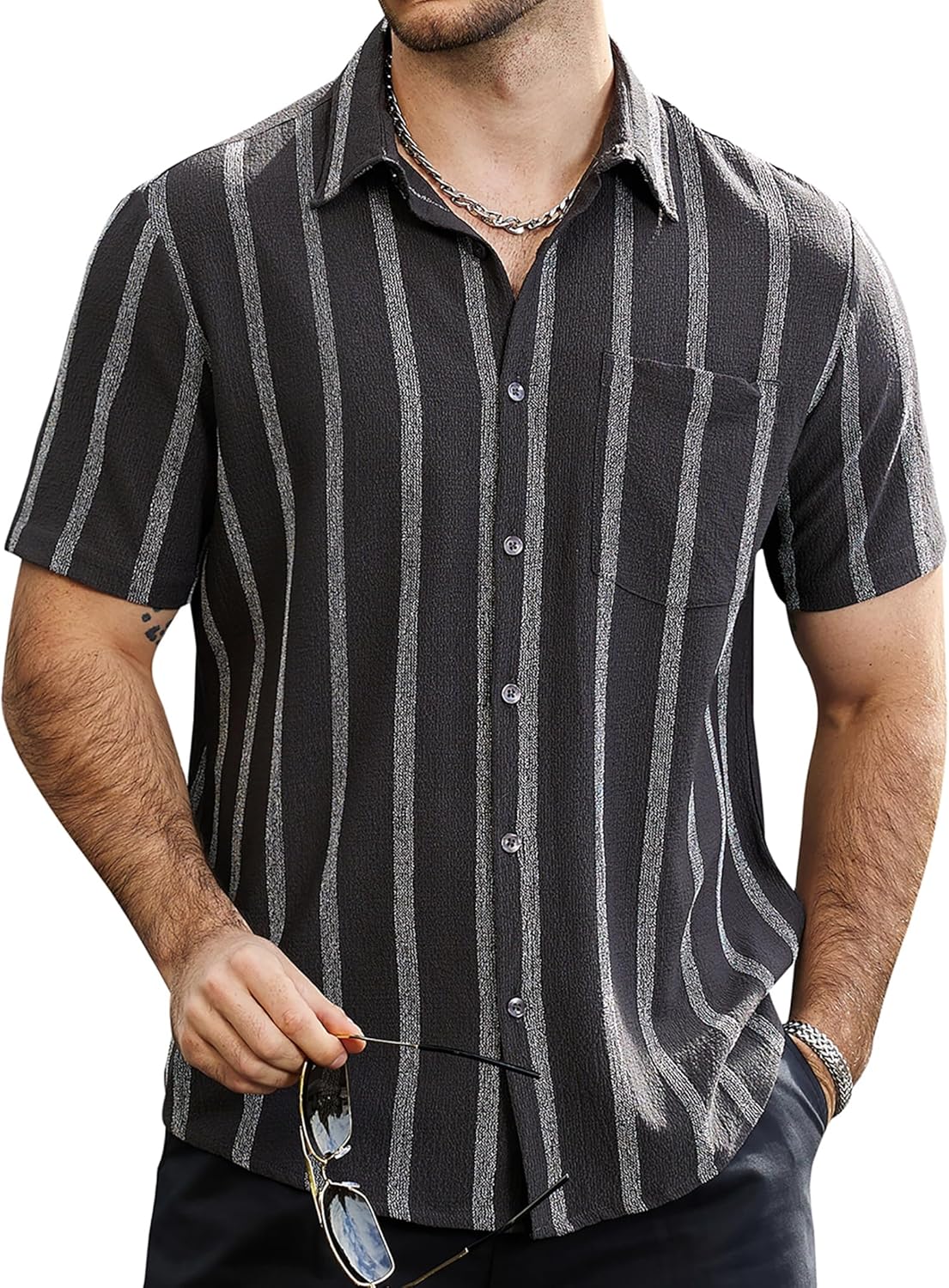 Mens Summer Striped Shirts Button down Short Sleeve Vintage Beach Hawaiian Shirts with Pocket