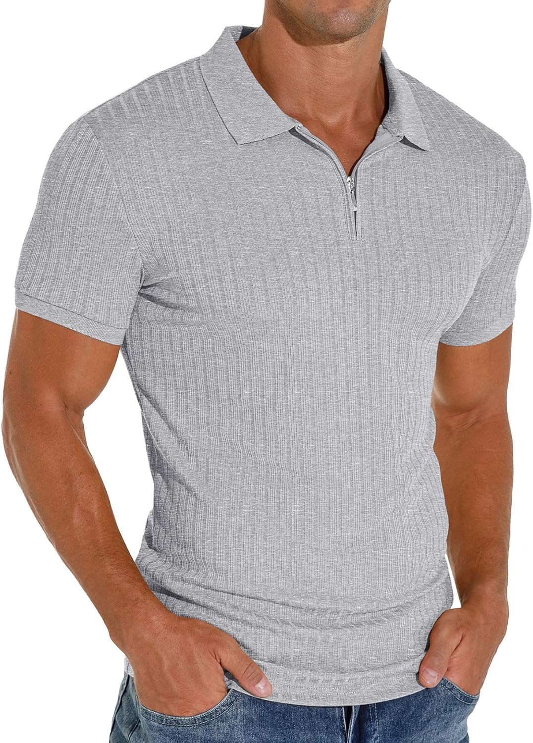 Men's Polo Shirts Slim Fit Short/Long Sleeve Zipper Polo T Shirt Casual Golf Shirt Classic Tee