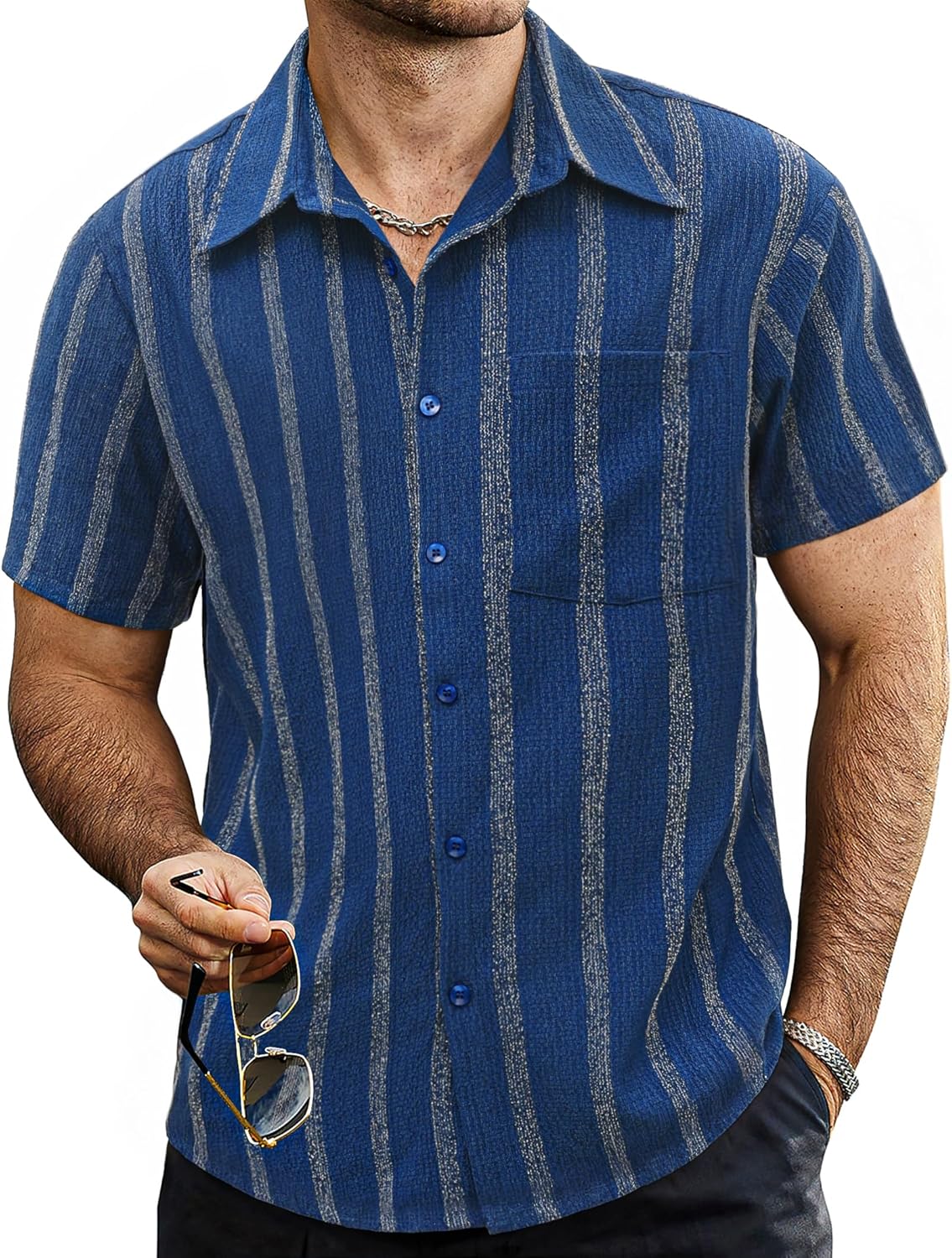 Mens Summer Striped Shirts Button down Short Sleeve Vintage Beach Hawaiian Shirts with Pocket