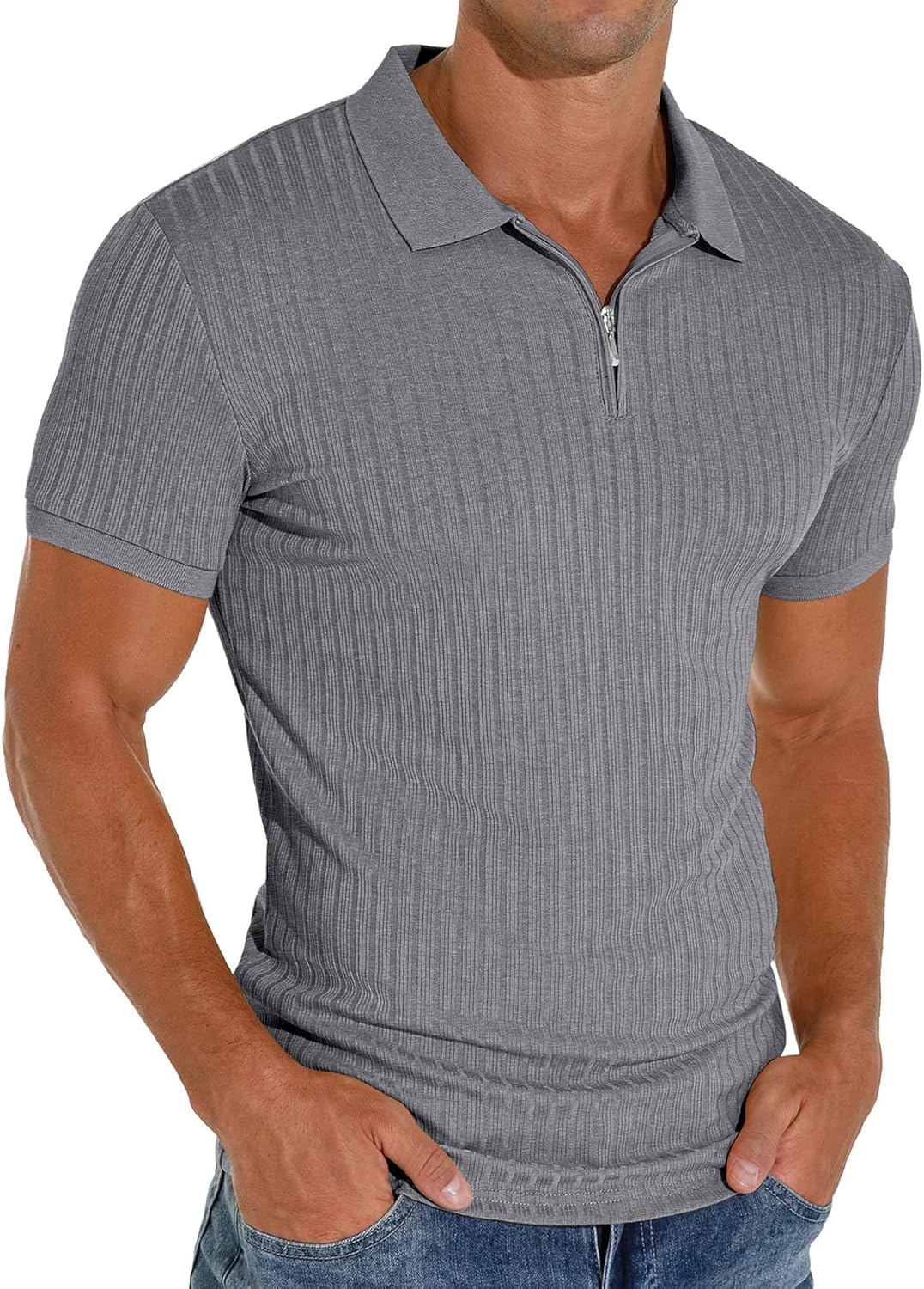 Men's Polo Shirts Slim Fit Short/Long Sleeve Zipper Polo T Shirt Casual Golf Shirt Classic Tee