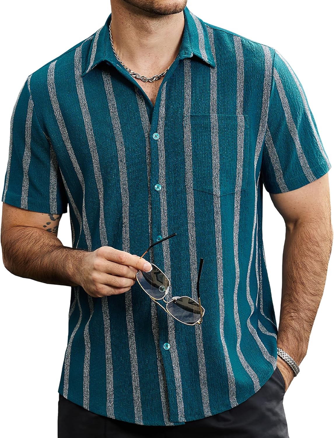 Mens Summer Striped Shirts Button down Short Sleeve Vintage Beach Hawaiian Shirts with Pocket