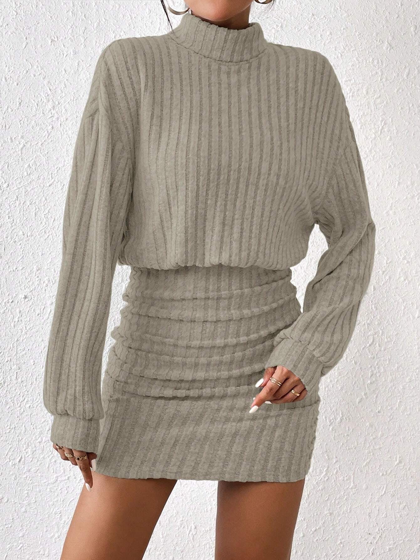 Frenchy Women'S Turtleneck Drop Shoulder, Ribbed Knit Sweater Textured Fabric Dress